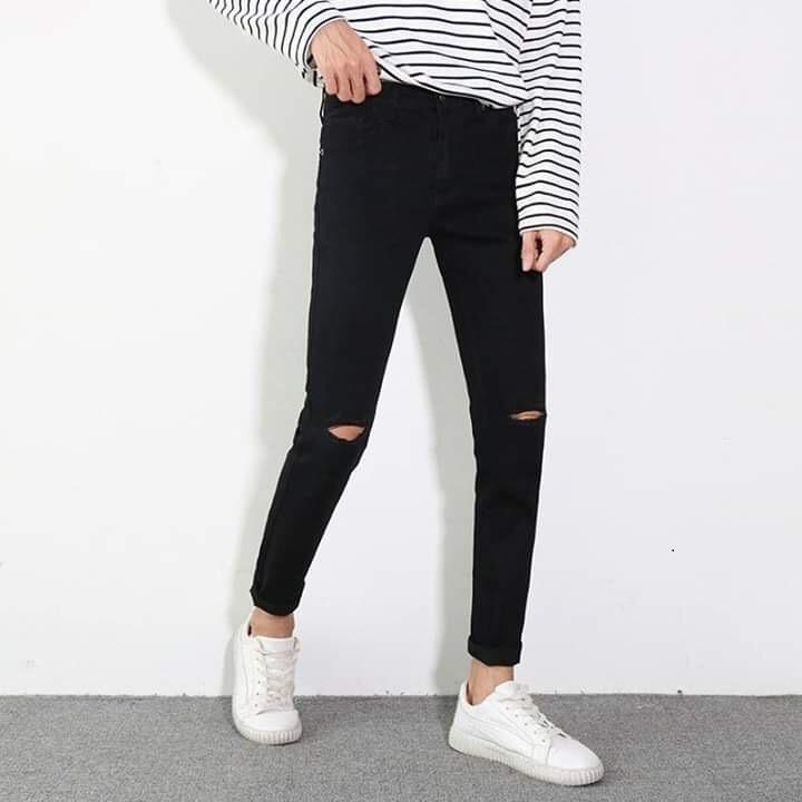 Quần jean nam phong cách đen rách gối hàng chuẩn hình lnn 01r