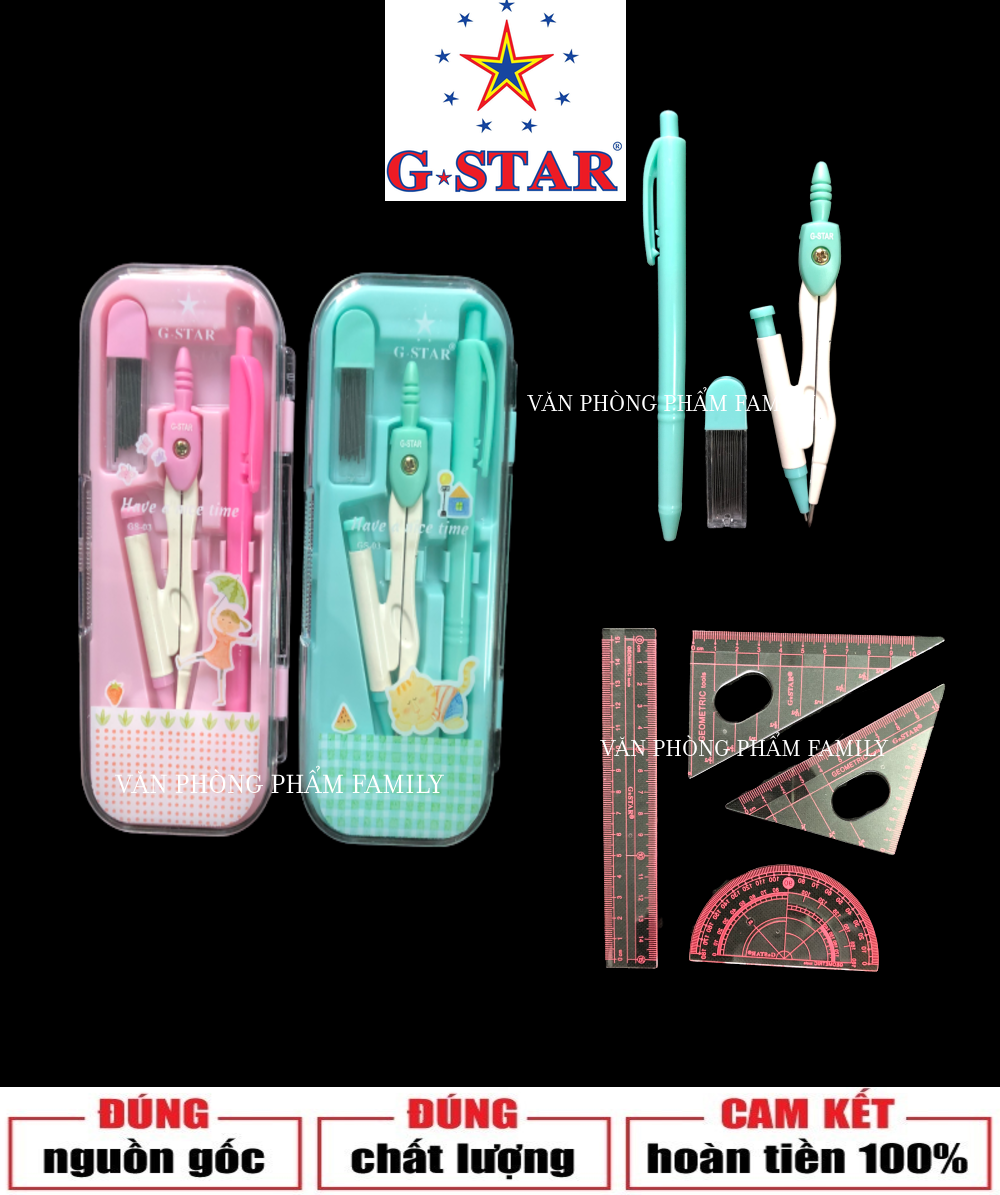 Compa bộ G-STAR gồm 7 món bộ dụng cụ học sinh Bộ sản phẩm được đựng trong hộp nhựa có kiểu dáng sang trọng, chất liệu cứng cáp, dễ dàng cất giữ và bảo quản