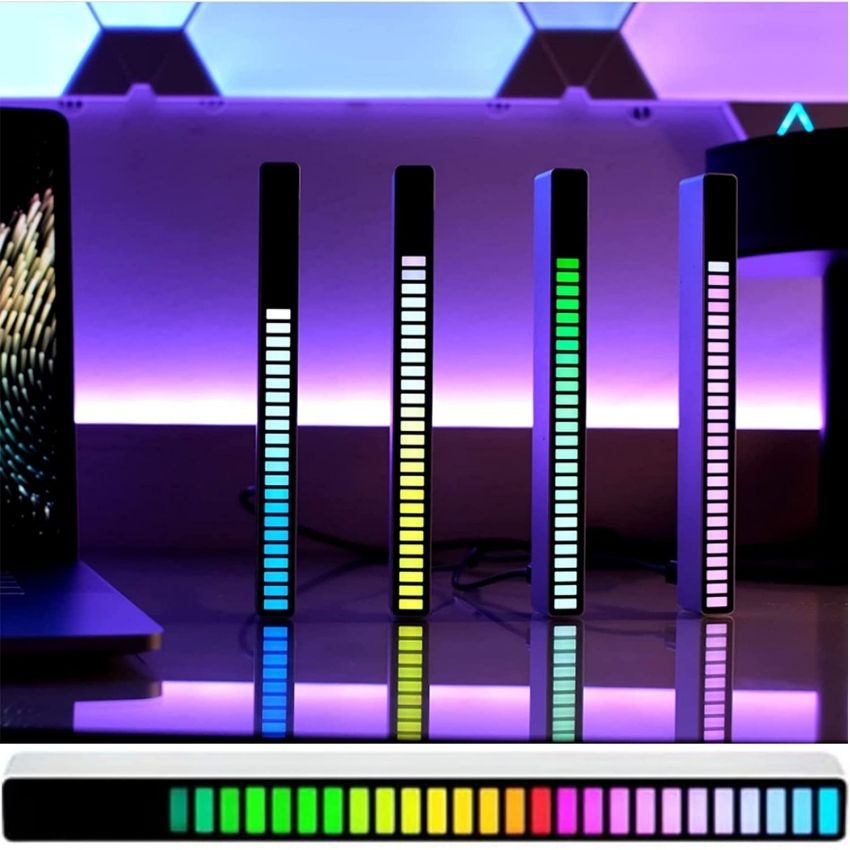 [ Đèn trang trí, Decor ] Đèn LED Cảm ứng âm thanh - SS02, Đèn LED RGB kích hoạt bằng giọng nói Nhịp điệu, Âm thanh, 32 LED 18 màu Điều khiển âm thanh Nhịp điệu Ánh sáng, Trang trí phòng chơi game, bàn làm việc, phòng thu.