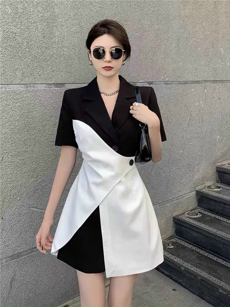 Váy đầm cổ vest cách điệu hai màu đen trắng, Váy đầm vest tay ngắn hai nửa khác màu, Đầm cổ vest chéo eo phối màu sang chảnh dạo phố, dự tiệc