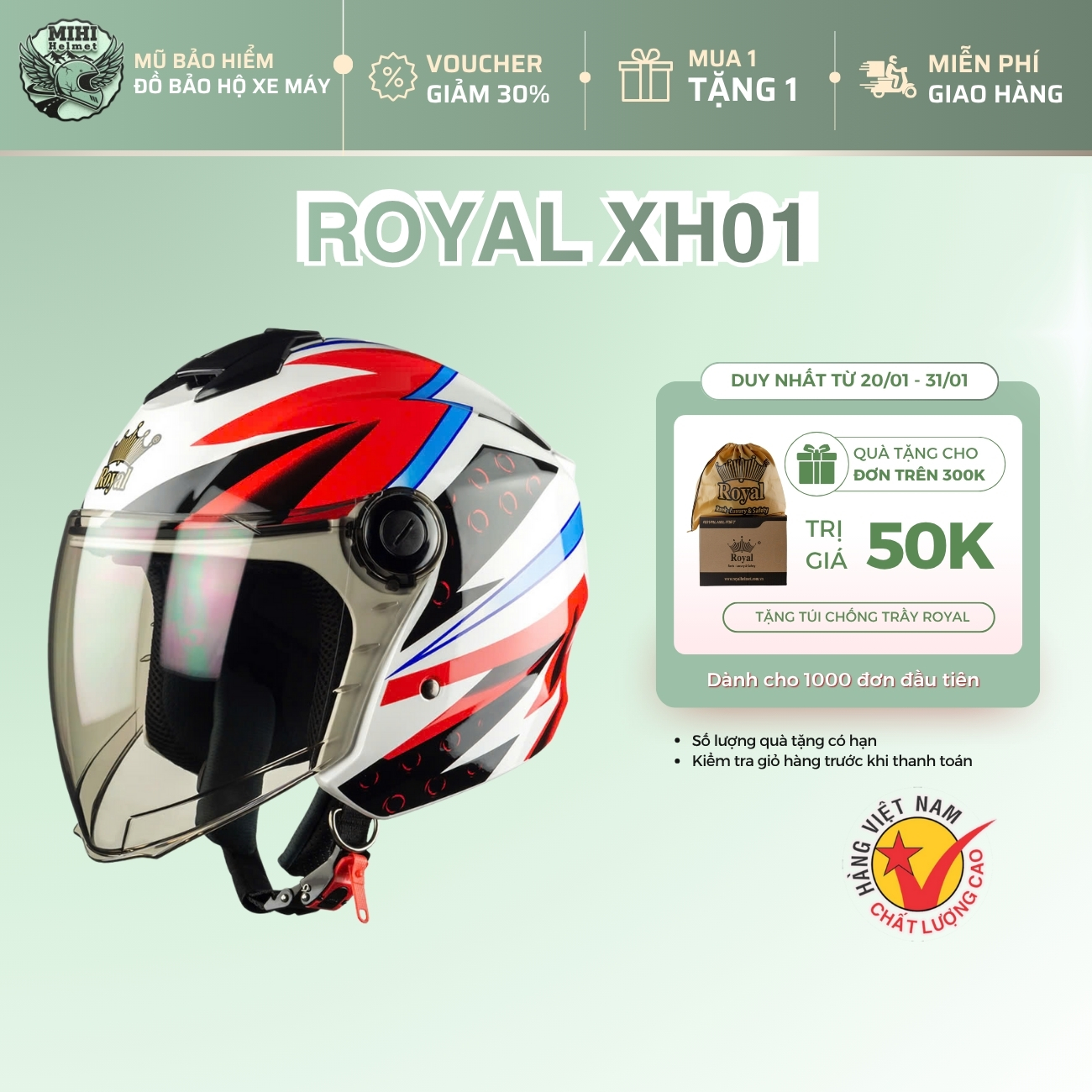 3/4 Royal Xh01 Helmet with Dragonboy Stamp - Genuine Abs Plastic | Removable Liner, Anti-Glare Nano Coated Glass - Mihi Giá 480,000 Đồng*Miễn phí vận chuyển