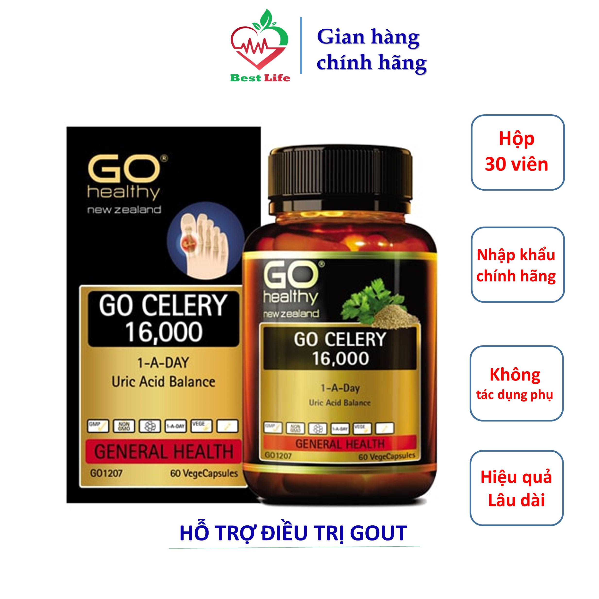 Viên uống Go Healthy GO Celery 16000 Acid Balance phòng và hỗ trợ điều trị Gout giảm sưng đau do gút