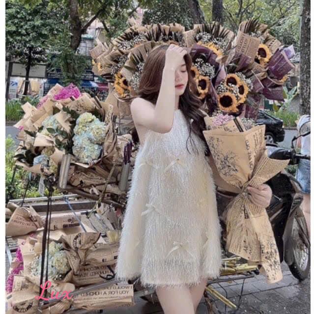 Váy nữ cổ yếm hở lưng , đầm cổ yếm chất lông đính nơ cao cấp