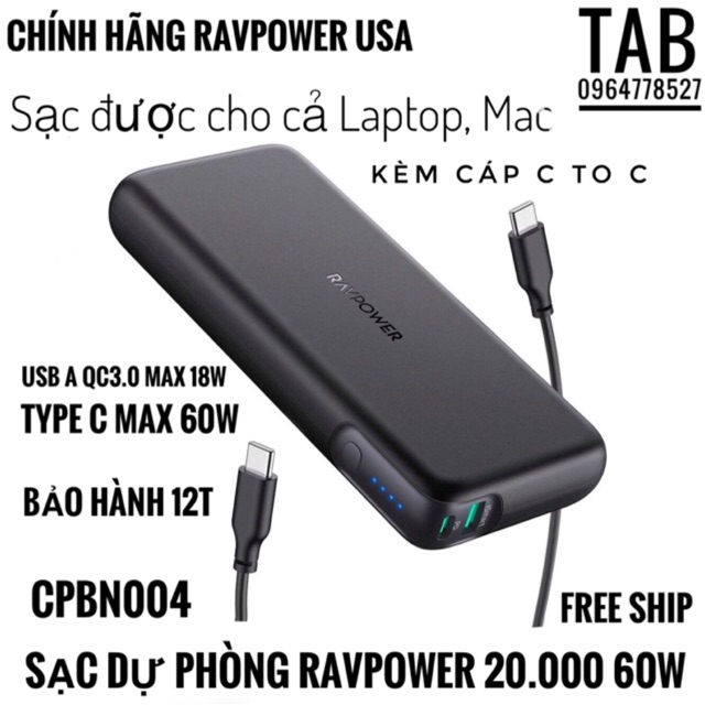 Sạc Dự Phòng RavPower 20.000 60w PD3.0 -  (RP-CPBN004/PB201)