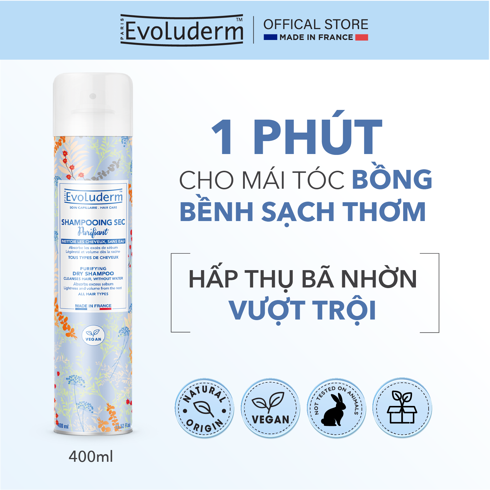 Dầu gội đầu khô tiện lợi Evoluderm 400ml