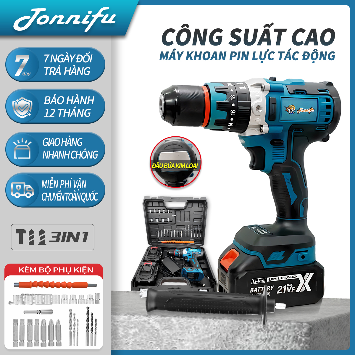 Máy khoan pin - đầu kẹp 13ly, 3 chức năng, động cơ không chổi than, Khoan tường, sắt, gỗ, gạch, nhôm, bắt vít, vặn ốc, ruột đồng 100% 1302GH-1302GL