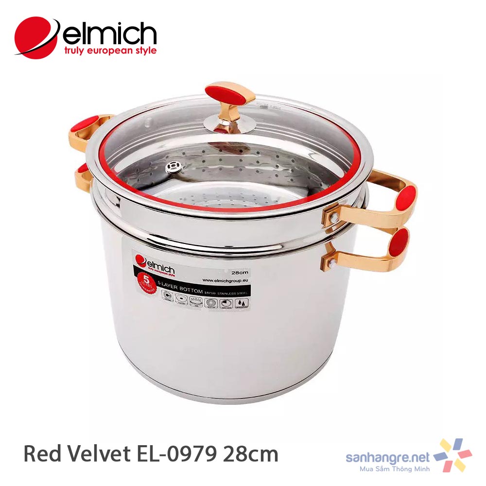 Bộ nồi xửng hấp elmich inox 304 red velvet 28cm el0979 xuất xứ ch séc châu âu - bảo hành 5 năm