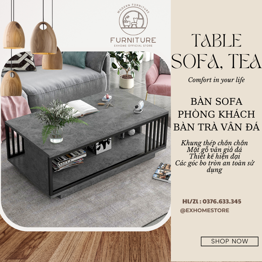 Bàn trà sofa phòng khách, bàn sofa gỗ vân đá hình chữ nhật, bàn sopha phòng khách đẹp rẻ kích thước 100x50x41cm, bàn vintage gia đình văn phòng chung cư