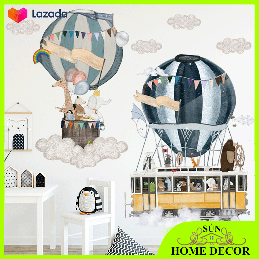 Decal dán tường hình khinh khí cầu hoạt hình siêu đẹp, tranh dán trang trí phòng cho bé, phòng ngủ, phòng khách hay quán cafe yên tĩnh siêu đẹp