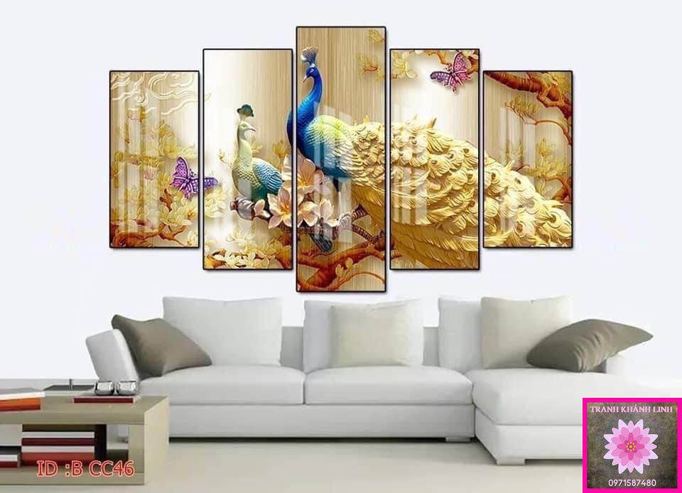 Tranh treo tường tráng gương chim công, tranh 5 tấm, tranh tráng gương phủ bóng decor phòng xịn sò đẹp hơn tranh canvas,, In trên mọi kích thước, Tặng Kèm Đinh Treo