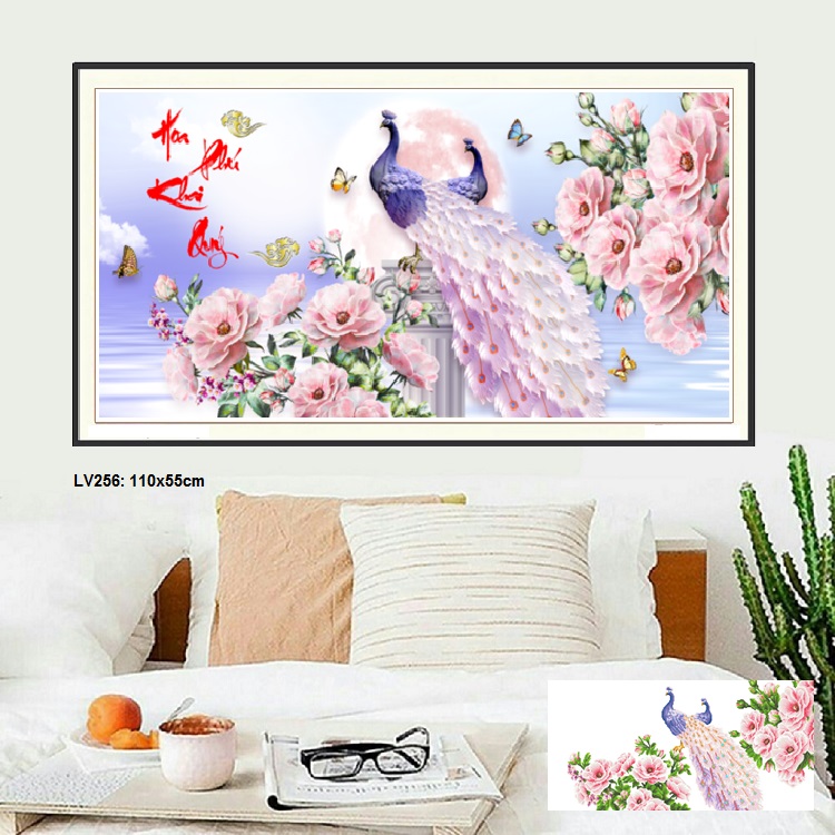 Tranh đính đá Hoa khai phú quý - kích thước: 110x55cm