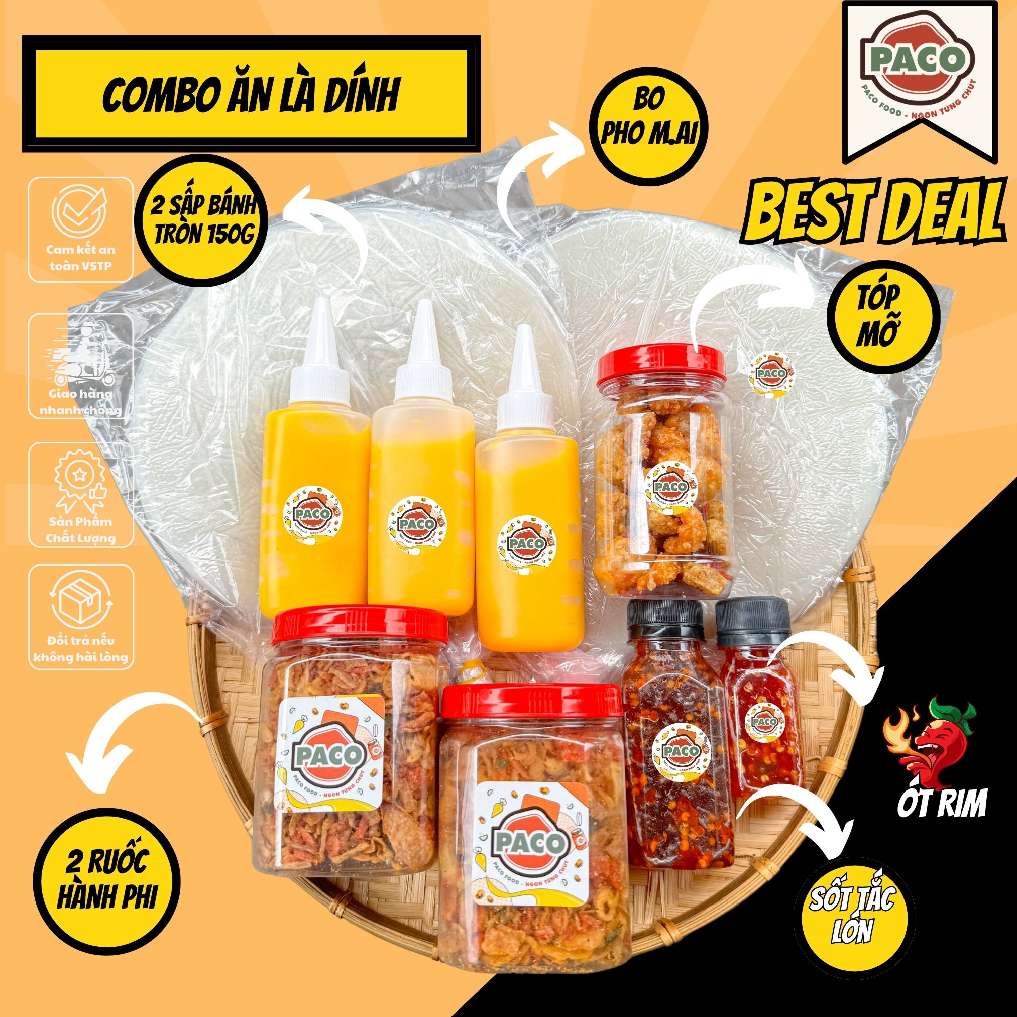 [COMBO ĂN LÀ DÍNH] Combo bánh tráng phơi sương Ăn Là Dính PACO FOOD kèm 2 hủ ruốc hành phi 3 chai bơ phô mai 1 hủ tóp mỡ