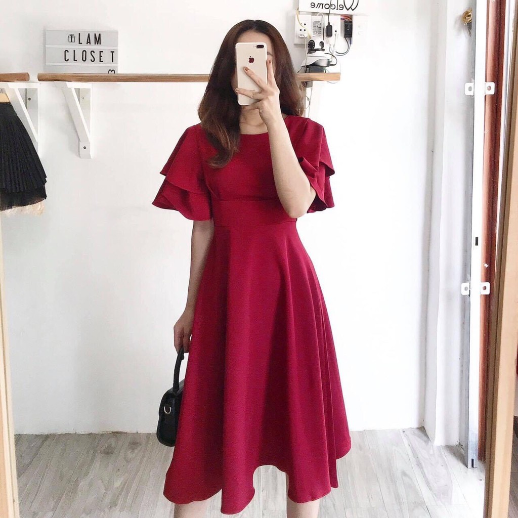 Đầm xòe trơn tay bèo ba màu - dx758