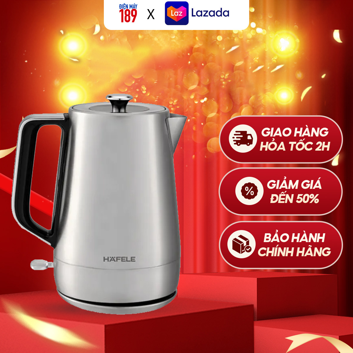 Ấm siêu tốc Hafele HS-K1704X/ 535.43.734 - Dung tích 1.7L Chất liệu Inox 304 cao cấp, Công suất 2200W - Tay cầm nhựa cách nhiệt - Bảo hành chính hãng, hỏa tốc 2H HCM