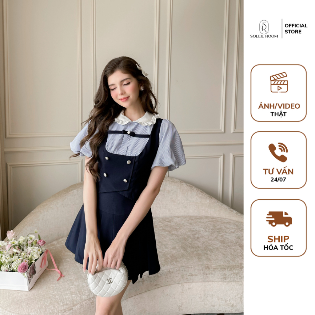 Áo sơ mi nữ kiểu phối cổ sóng soleil room áo sơ mi kẻ xanh nana top