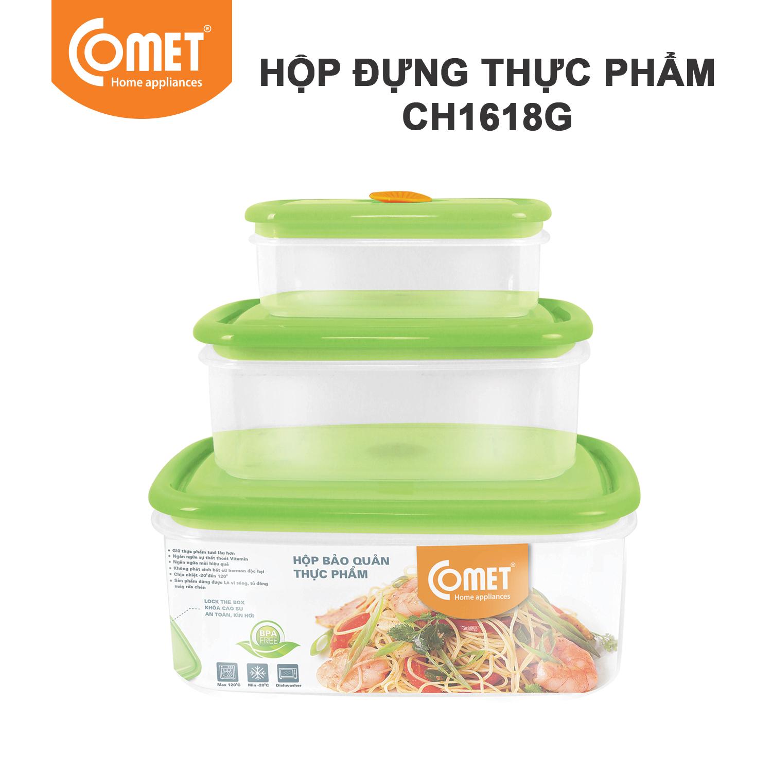 Bộ hộp đựng thực phẩm 3 món chữ nhật COMET CH1618 - Dung tích hộp nhỏ 0.35L , hộp vừa 1L, hộp lớn  2.2L, chất liệu nhựa cao cấp an toàn thực phẩm
