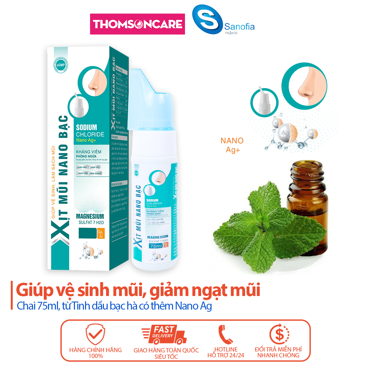 Xịt mũi Nano bạc Sanofia người lớn - Giúp vệ sinh, làm sạch mũi, giảm ngạt mũi từ tinh dầu bạc hà thêm Nano Ag - Chai 75ml