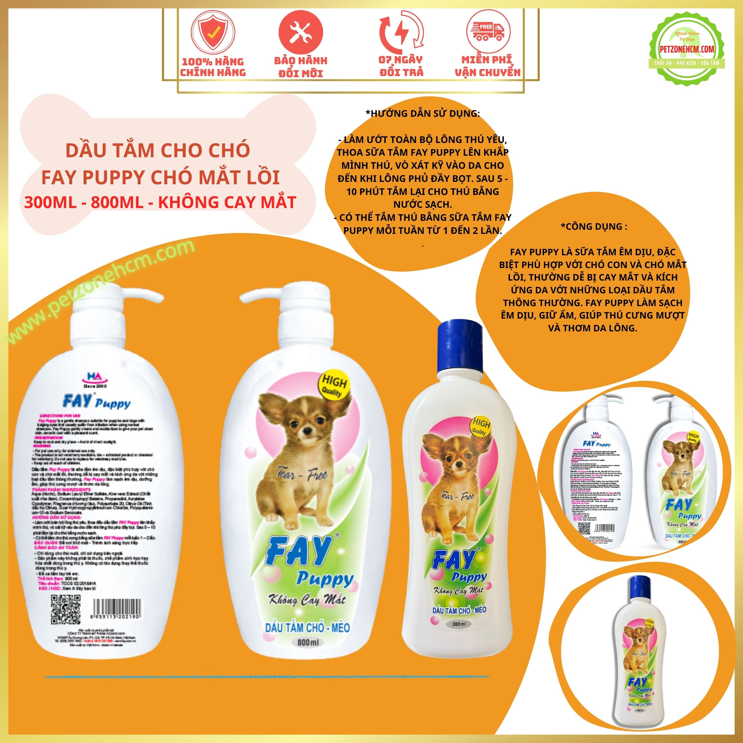 Dầu tắm Fay Puppy cho chó con và chó mắt lồi (Pug/ Chihuahua) 300ml - 800ml - loại cao cấp không cay mắt