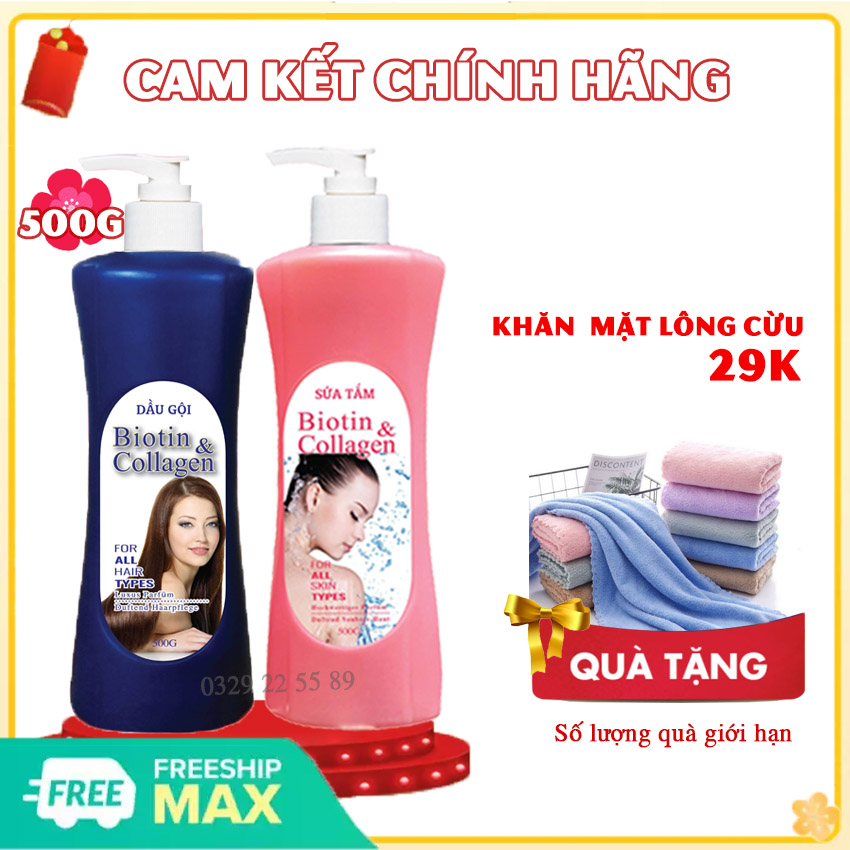 [CÓ QUÀ TẶNG] COMBO DẦU GỘI và SỮA TẮM Dưỡng Da Biotin - Collagen 500ml - Dầu gội Biotin Collagen, Sữa tắm trắng da