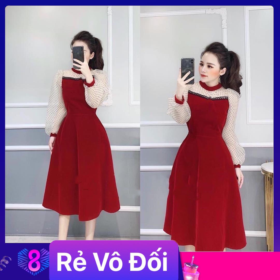 Đầm nữ đi tiệc tay dài chấm bi chất umi phối lưới 2 màu đỏ đen kèm hình thật