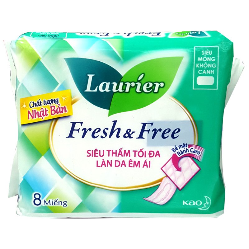 Băng vệ sinh siêu mỏng cánh Laurier Fresh & Free (8 miếng/gói) + Tặng kèm 1 băng vệ sinh ban ngày 22.5cm
