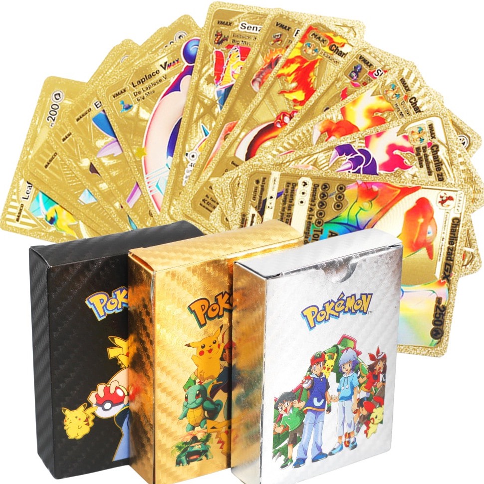 Thẻ bài Pokemon mạ vàng cao cấp màu vàng kim đen và bạc cao cấp siêu đẹp