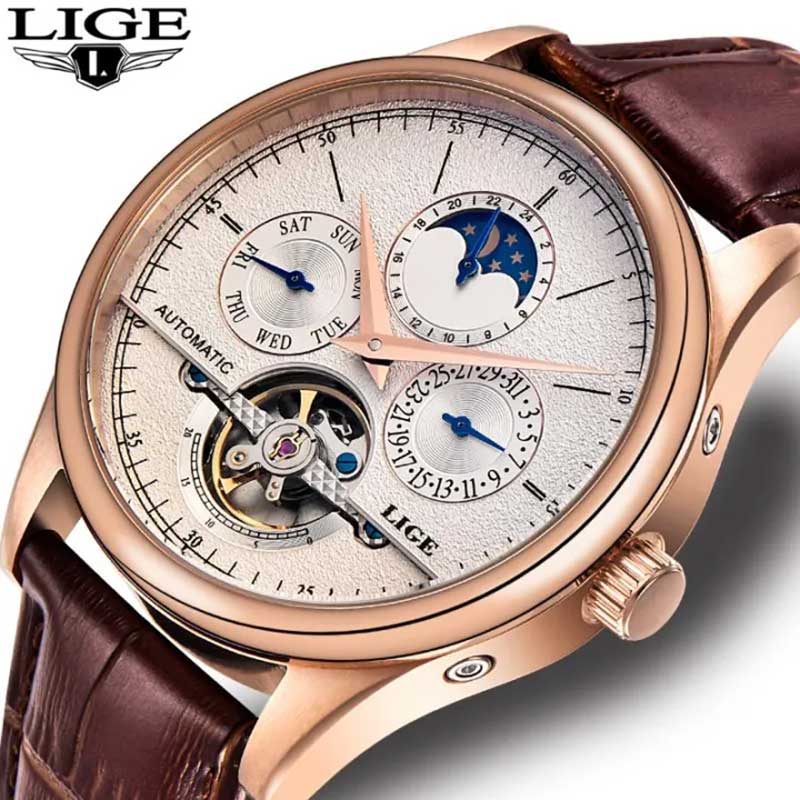 LIGE Đồng hồ nam cơ khi tự động Tourbillon đồng hồ thể thao nhiều kim hiển thị thứ ngày chu kì mặt trăng chống nước - INTL