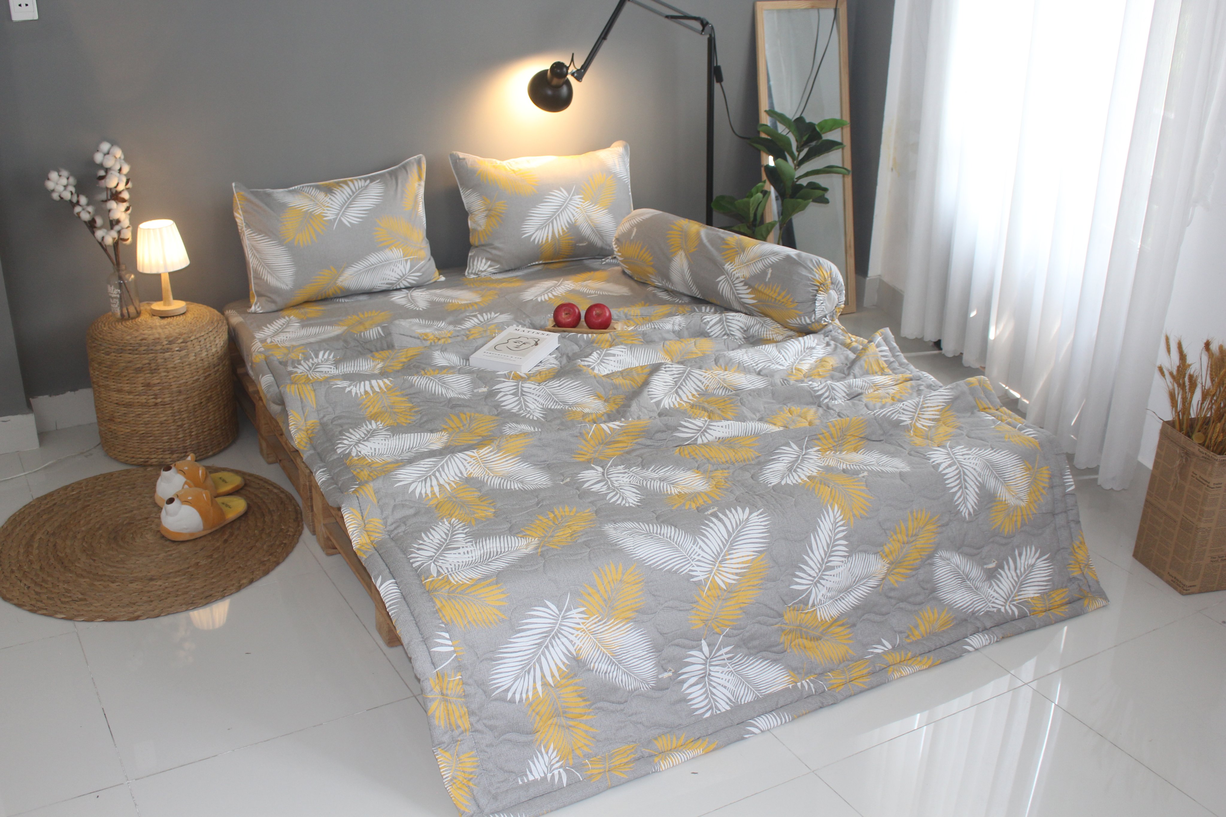 Bộ Drap Gối Cotton TL -Mẫu Lá cau Vàng -  Vải dày dặn, mát mẻ, siêu thấm mồ hôi