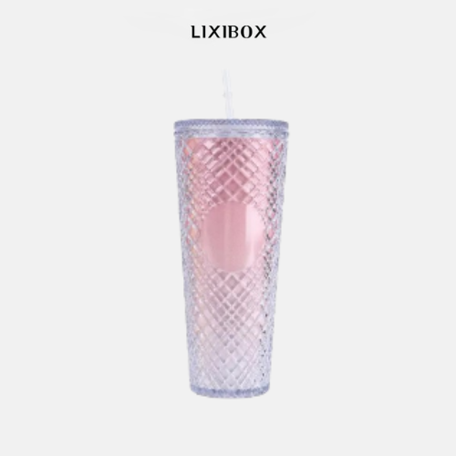 Ly uống nước vân kim cương 2 lớp kèm ống hút 700ml