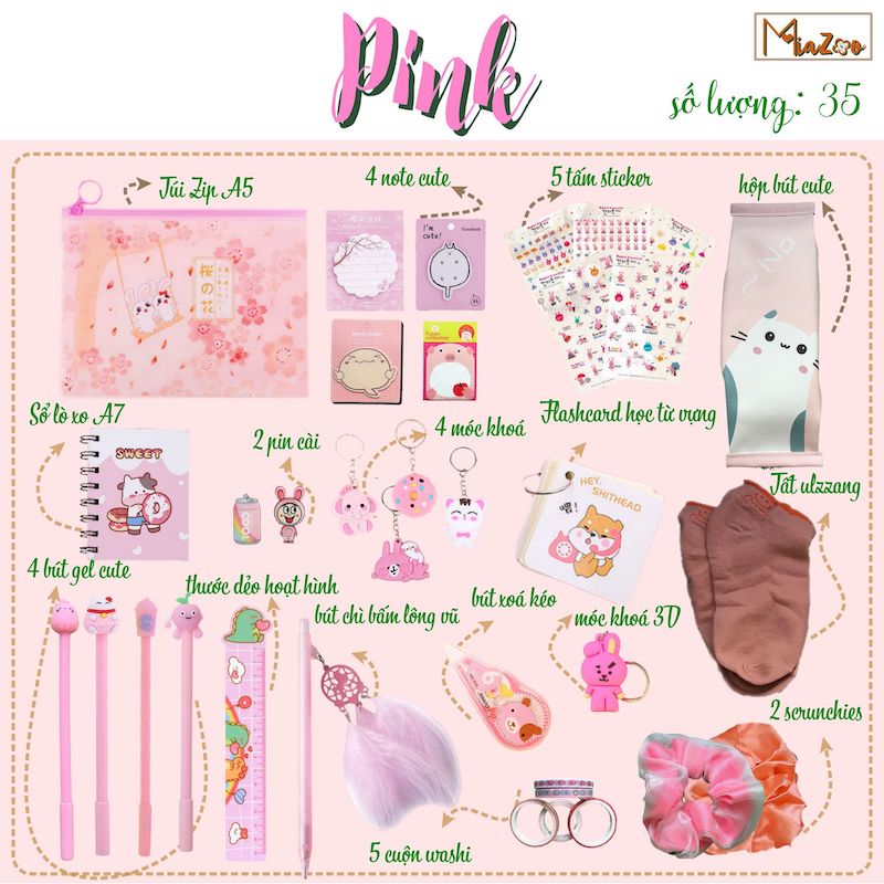 Combo đồ dùng học tập chủ đề màu hồng pink 35 món mơ mộng dễ thương lbp02