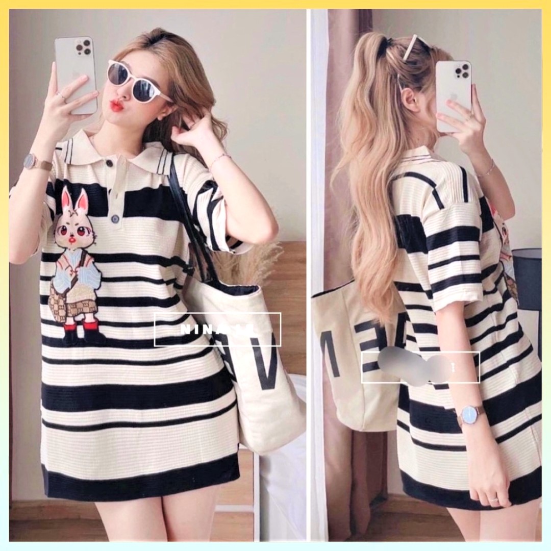 Đầm suông len nữ montoghi thêu thỏ tai dài phối sọc xinh xắn - l2m
