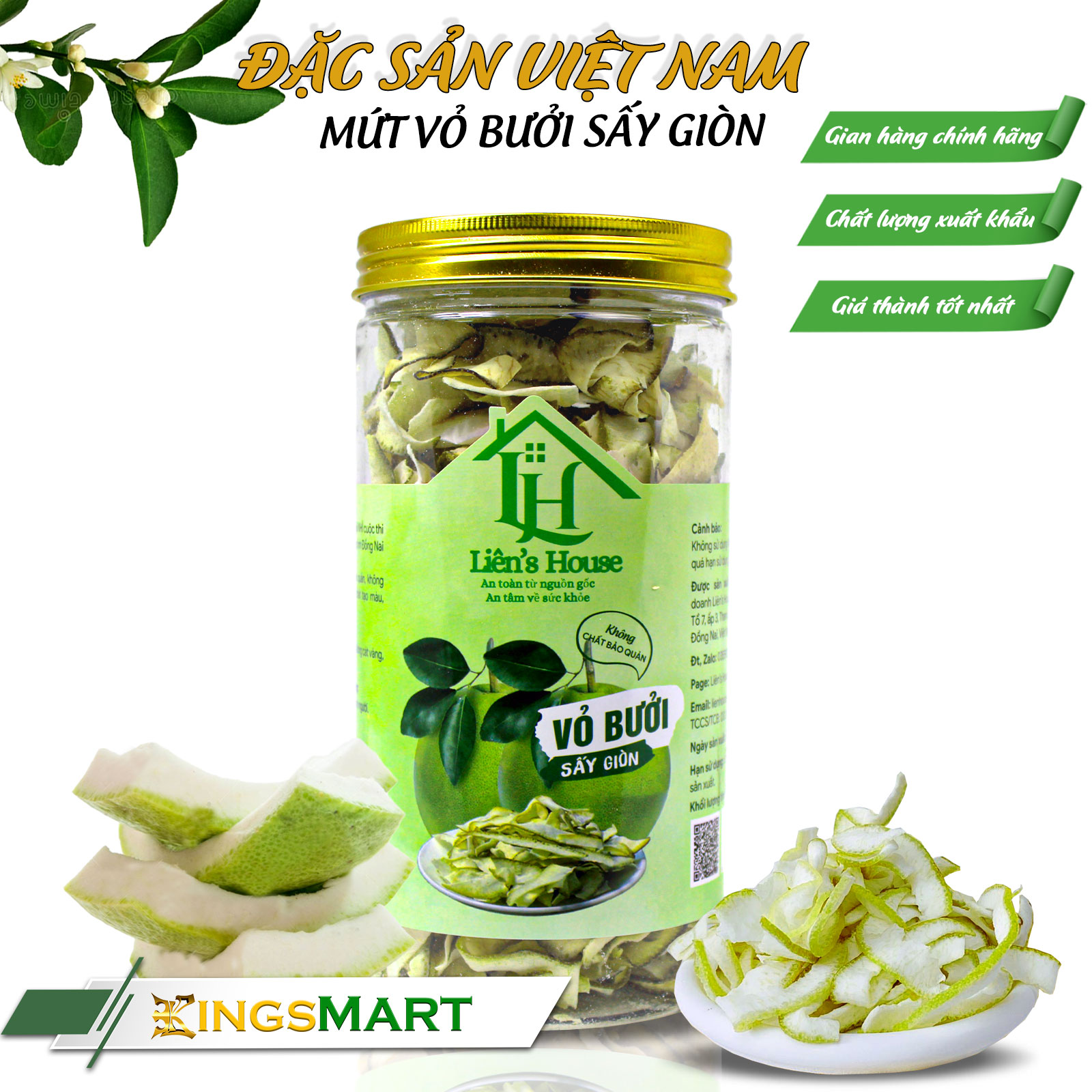 Mứt vỏ bưởi sấy giòn - Thương hiệu LIÊN'S HOUSE - Đặc sản Đồng Nai - Hũ nhựa 150g - Kingsmart