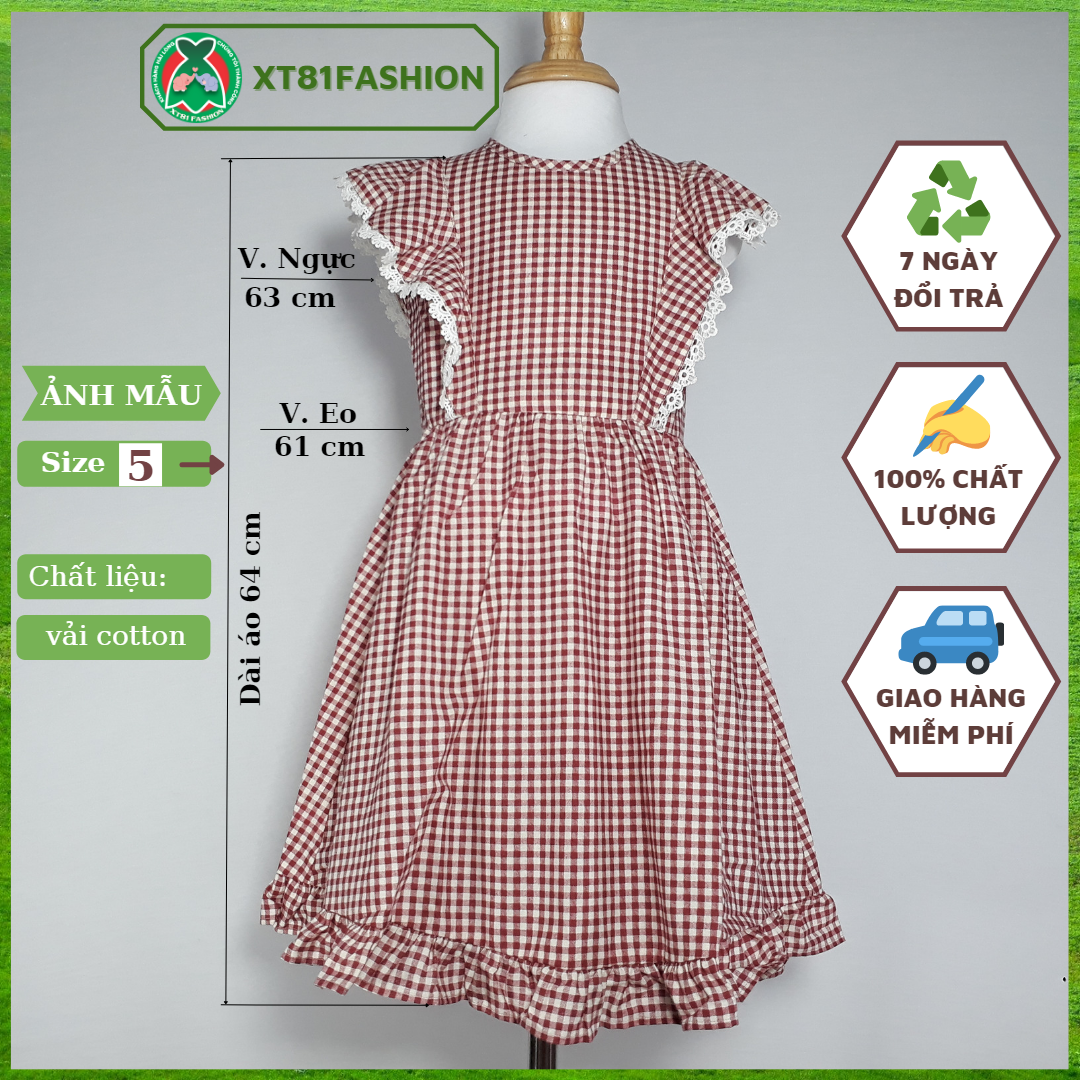 [Freeship] Đầm bé gái váy xòe cánh tiên 2-12 tuổi XT81Fashion sát nách dài qua gối viền ren hoa văn caro 100% cotton mềm mát dễ thương, thời trang trẻ em dự tiệc dạo phố đi học, Size 12-39kg
