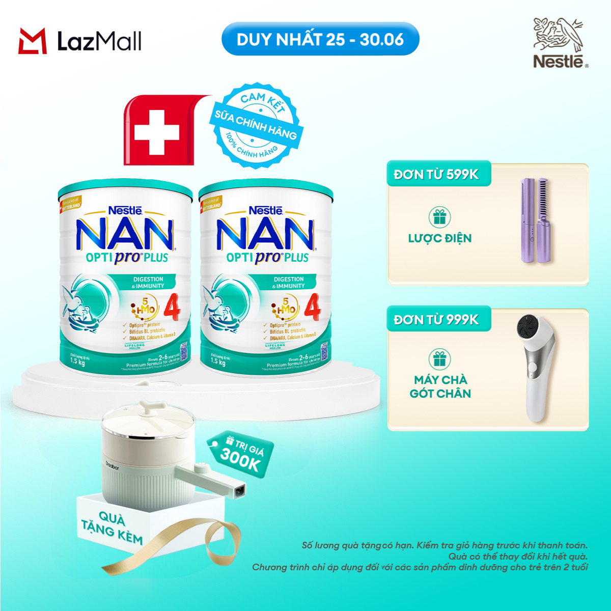 [CHỈ 25-30.06 QT Đơn 599K/999K][Tặng Nồi lẩu điện Gaabor] Bộ 2 lon Sữa Bột Nestlé NAN OPTIPRO PLUS 4 1500g Cho Bé 2 - 6 Tuổi: Công Thức Độc Quyền Nhập Khẩu Từ Thụy Sỹ, Chứa Phức Hợp 5-HMO