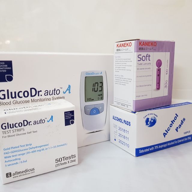 Trọn bộ máy đo đường huyết gluco dr auto + hộp 50 que + hộp 100 kim lấy máu + hộp 100 cồn khô chính hãng