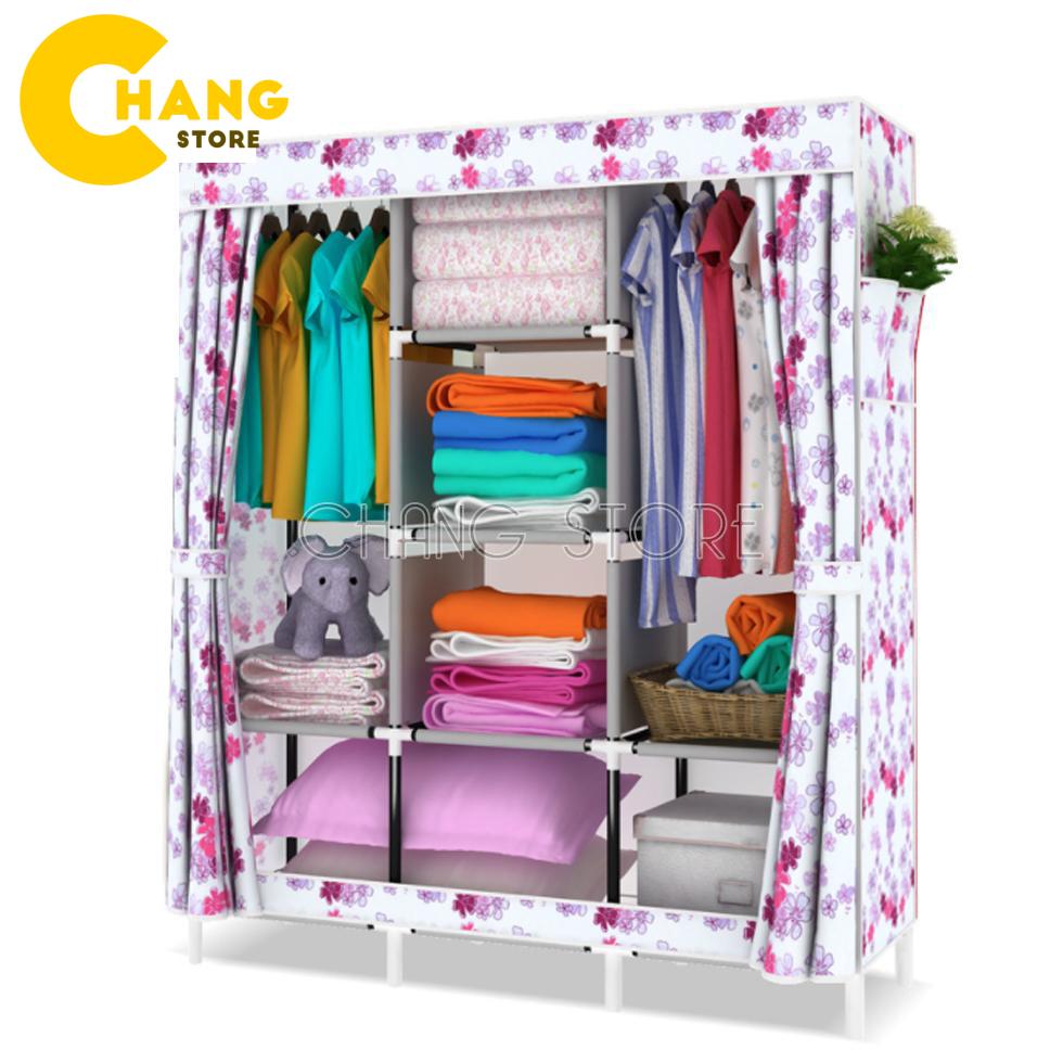 Tủ Vải Quần Áo 3D 3 Buồng 8 Ngăn, chất liệu vải không dệt cao cấp, chốt nhựa và khung sắt chắc chắn