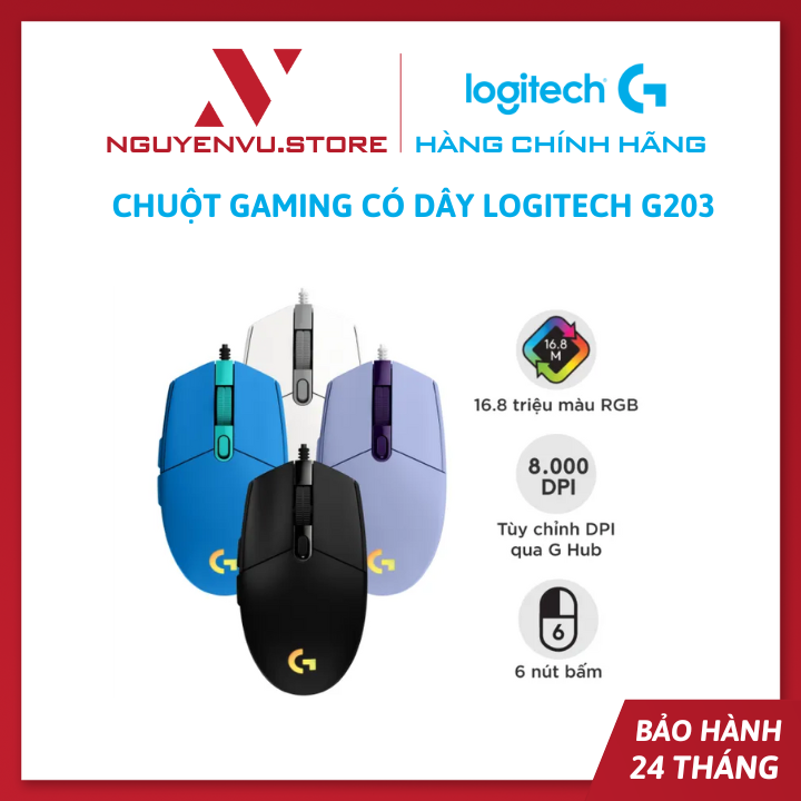 Chuột game có dây Logitech G203 Lightsync - Tùy chỉnh RGB, 6 nút lập trình, nhẹ, 8000 DPI, PC/Mac - Hàng chính hãng