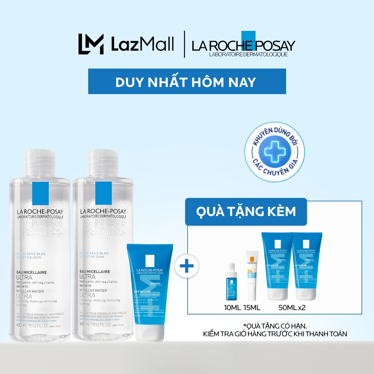 Bộ đôi gel rửa mặt và 2 nước tẩy trang làm sạch sâu cho da nhạy cảm Micellar Water Sensitive Skin 400ml và Effaclar Foaming Gel 50ml
