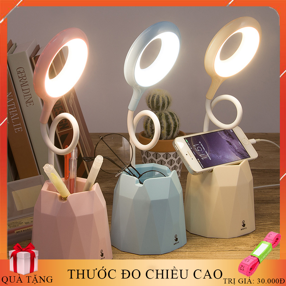 Đèn bàn tích điện chống cận sạc USB, có giá để điện thoại, bút- Tích hợp 3 chế độ sáng