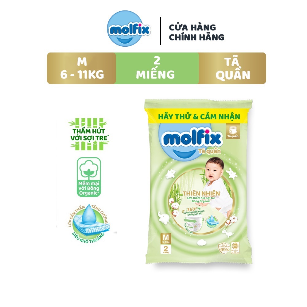 Mẫu thử Tã bỉm quần Molfix Thiên nhiên M (6kg - 11kg) - Gói 2 miếng