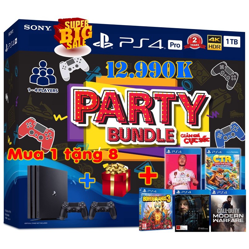 Bộ ps4 pro 1tb party bundle - 2 tay cầm - 2 game fifa 20 & crash team racing