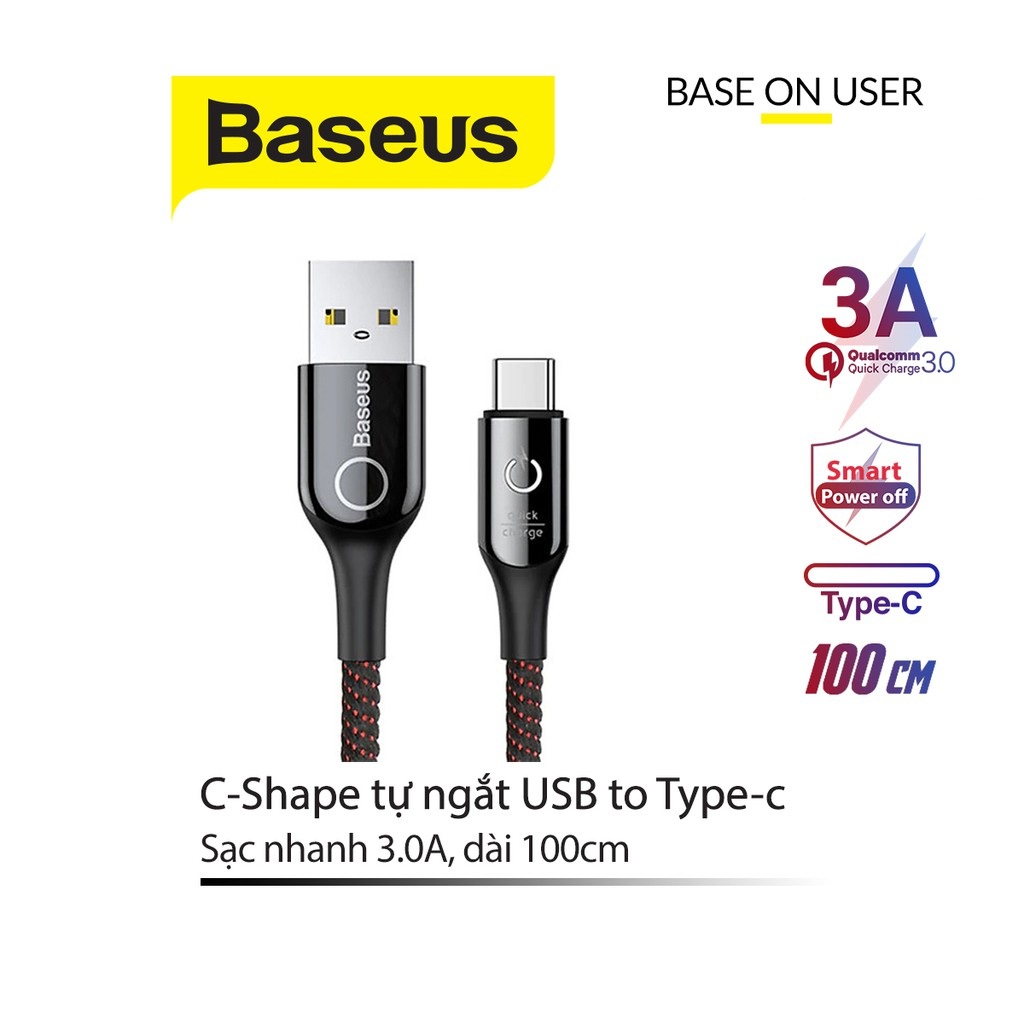 Cáp sạc nhanh 3A Baseus C-Shape chân Type-C dây dù tự ngắt thông minh tích hợp đèn Led dài 1M cho Android