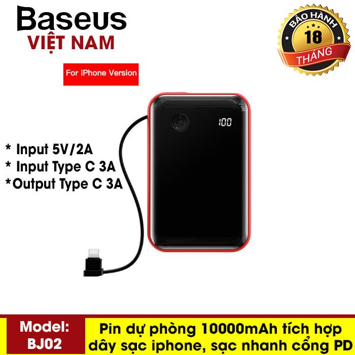 Pin sạc dự phòng Mini S Digital Display BJ02 10000mAh sạc nhanh 3A tích hợp cáp Lightning sạc cho Iphone có màn hình hiển thị phần trăm pin - Phân phối bởi Baseus Vietnam