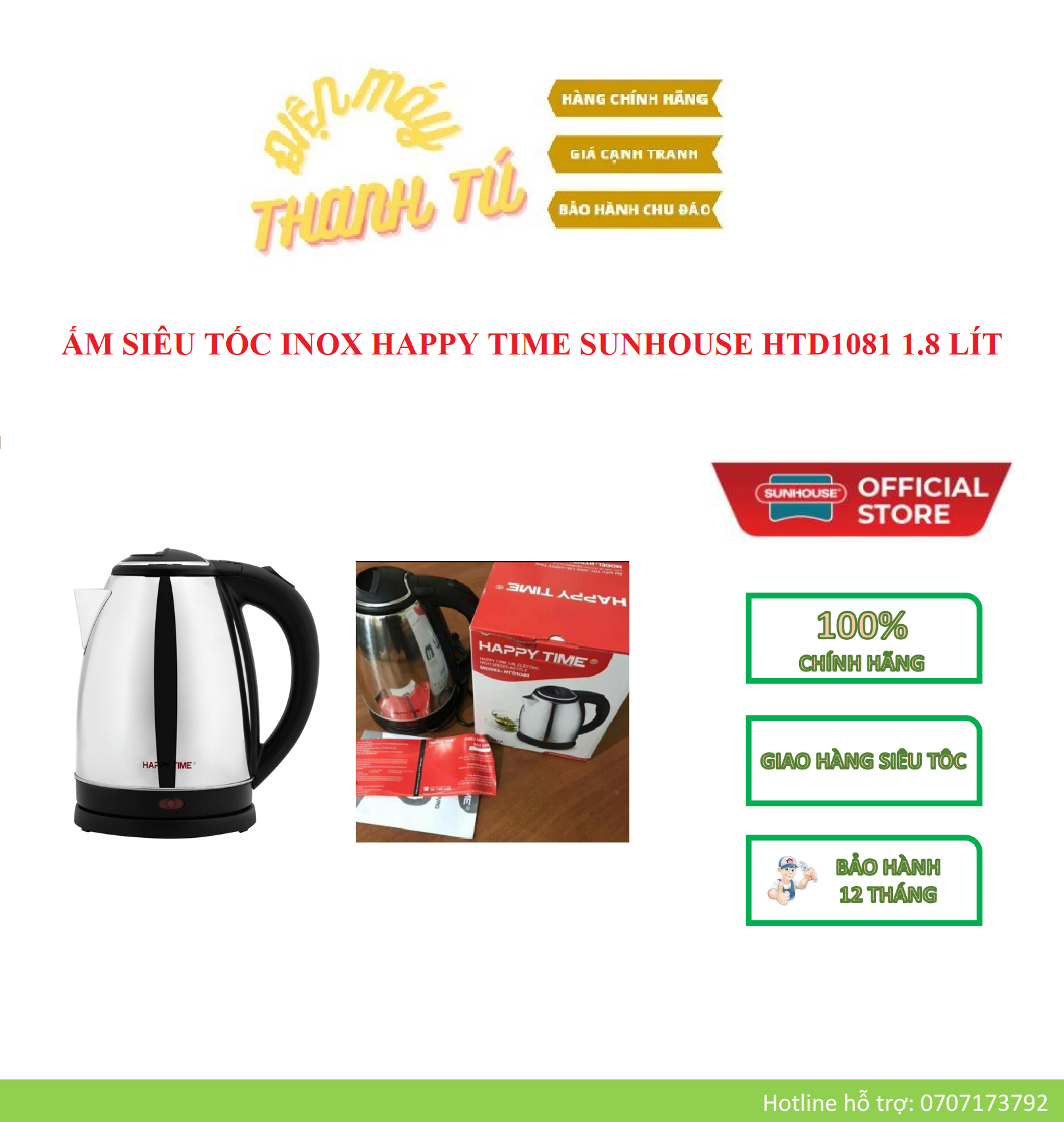 Htd1081 - ấm siêu tốc inox sunhouse happy time 1.8 lít - bảo hành chính hãng 12 tháng