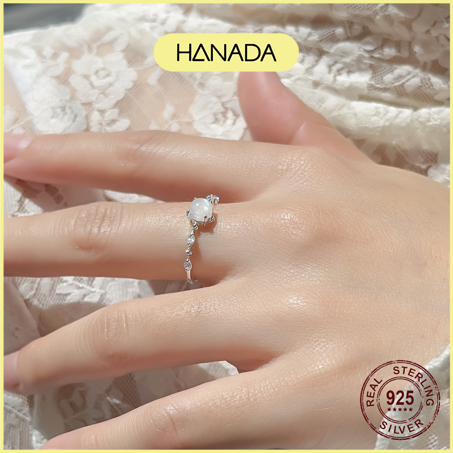 Nhẫn bạc 925 hanada đá moonstone thiên nhiên may mắn không kị mệnh freesize tùy chỉnh theo size tay