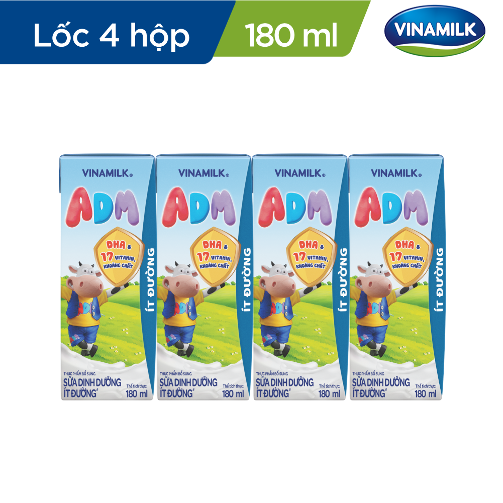Sữa dinh dưỡng ít đường Vinamilk ADM - Lốc 4 hộp 180ml