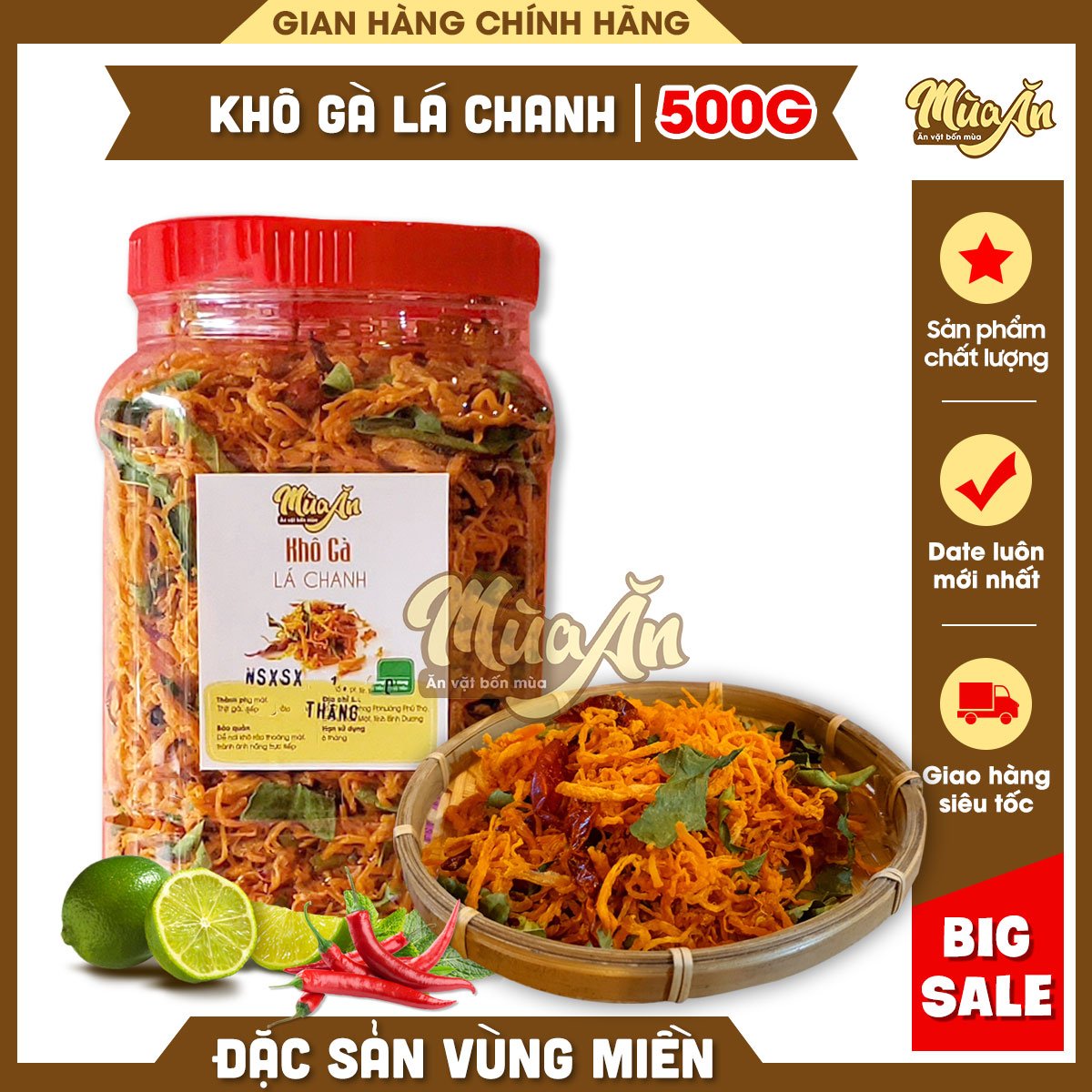Khô gà lá chanh Mùa Ăn 500g, món ngon ăn vặt, an toàn thực phẩm