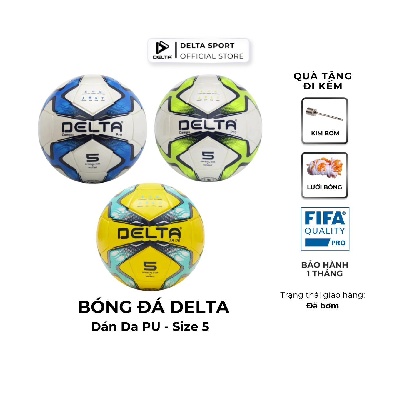 Bóng Đá DELTA CAMPO Pro AR176 5D Size 5 Dán Ép Nhiệt Da PU Dùng Sân 7 11 Tự Nhiên Nhân Tạo DELTADA03