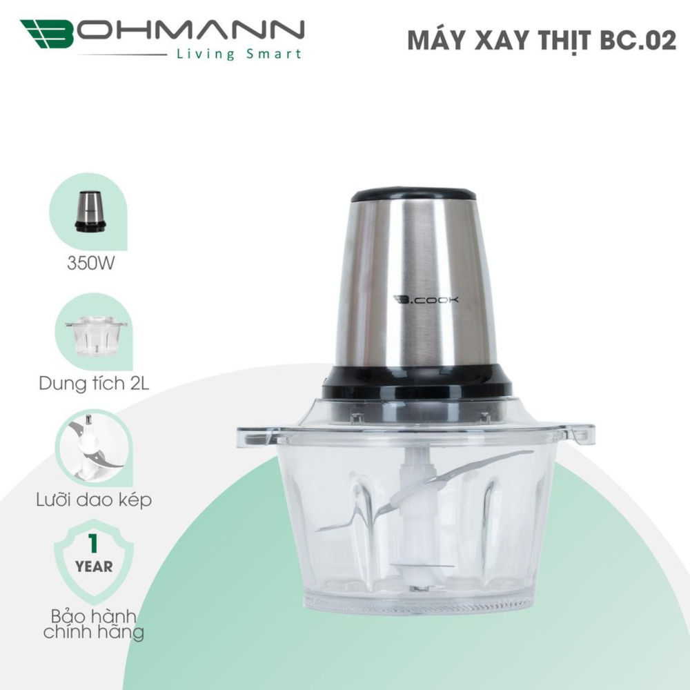 Máy xay thịt đa năng lưỡi dao kép cối thuỷ tinh 2l bohmann b.cook bảo hành 12 tháng