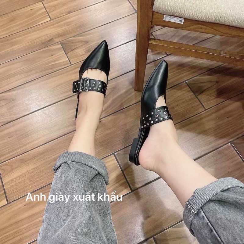 DL06/Dép lê/ Sục nữ mũi nhọn da lì khuy ngang hàng loại 1